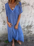 Stylish Cotton And Linen V-Neck Dress Blue / Xs