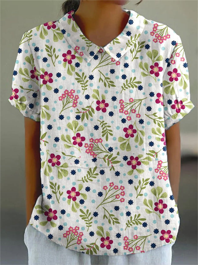 Women’s Flower Art Print Casual Cotton And Linen Shirt Multicolor / S