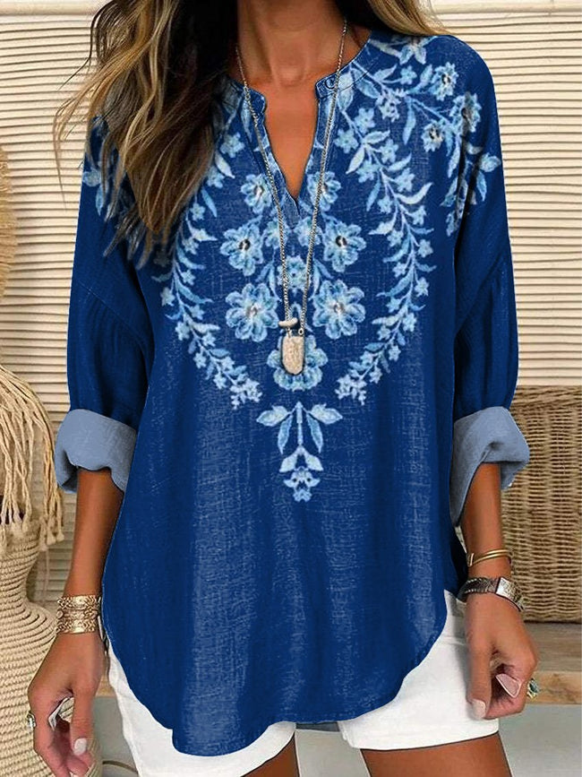 Women’s Dark Blue Ethnic Print Casual Linen V-Neck Shirt Multicolor / S