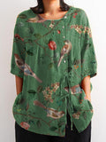 Women’s Vintage Lovely Birds Floral Art Print Casual Cotton And Linen Shirt Multicolor / S