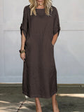 Women’s Comfortable Solid Color Linen Pocket Dress Brown / S