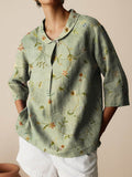 Women’s Vintage Floral Art Print Casual Linen Cotton 3/4 Sleeve Shirt