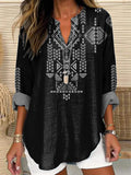 Ethnic Style Summer Geometric Pattern Printed Women’s Casual Linen V-Neck Shirt Blackwhite / S