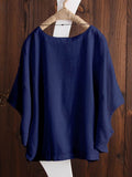 Women’s Solid Color Loose Elegant Bat Sleeve Casual Cotton And Linen Shirt Navy / S