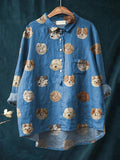 Lovely Dog Cookie Pattern Printed Women’s Casual Cotton And Linen Shirt Blue / S