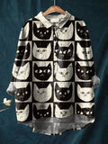 Vintage Lovely Cats Art Print Casual Cotton And Linen Shirt Multicolor / S