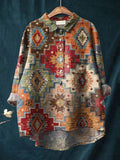 Women’s Vintage Ethnic Pattern Art Print Casual Cotton And Linen Shirt Multicolor / S