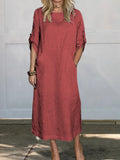 Women’s Comfortable Solid Color Linen Pocket Dress Red / S