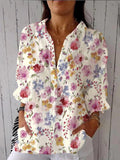 Women’s Pink Blue And Yellow Floral Print Casual Linen V-Neck Shirt Multicolor / S