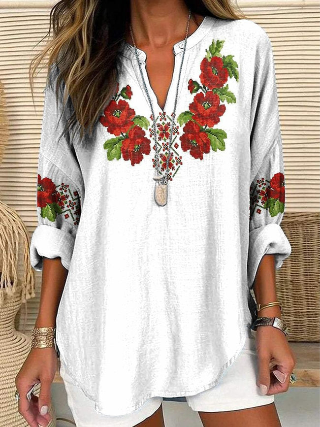 Women’s Red Bohemian Rose Print Casual Linen V-Neck Shirt Multicolor / S