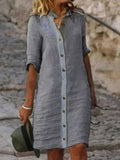 Women’s Spring Summer Mid-Sleeve Button Down Cotton And Linen Dress Grey / S