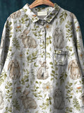 Watercolor Rabbit In Meadows Field Pattern Printed Women’s Casual Cotton And Linen Shirt