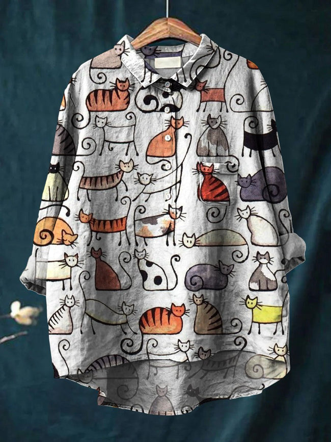 Women’s Cute Cat Art Print Casual Cotton And Linen Shirt Multicolor / S