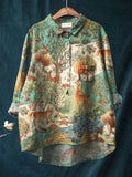 Women’s Vintage Ethnic Woodland Animals Art Print Casual Cotton And Linen Shirt Multicolor / S