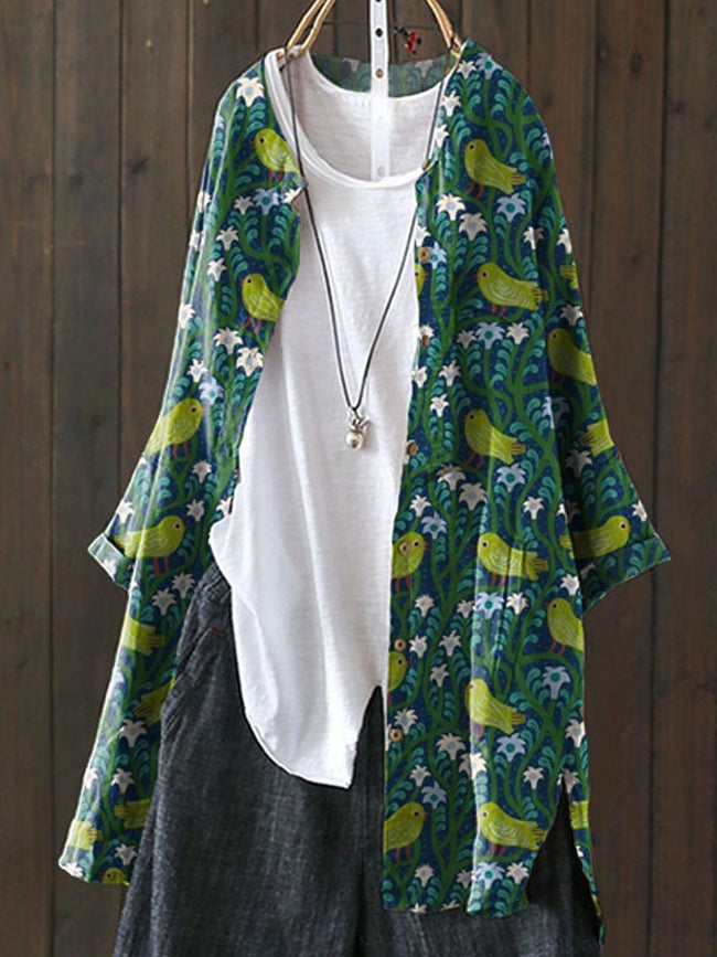 Women’s Flower&Bird Print Loose Casual Top Jacket Multicolor / S