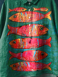 Vintage Lovely Fish Art Print Casual Cotton And Linen Shirt