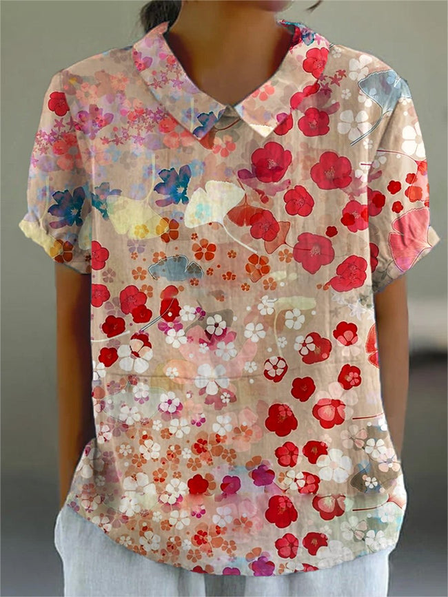 Women’s Flower Art Print Casual Cotton And Linen Shirt Multicolor / S