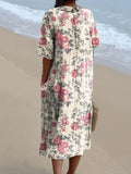 Vintage Style Pink Rose Pattern Printed Women’s Pocket Linen Dress (Convertible With Front And