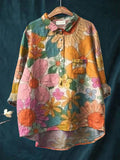 Women’s Colorful Spring Floral Garden Printed Casual Cotton And Linen Shirt Art / S