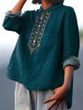 Ethnic Style Simple Geometric Pattern Printed Women’s Casual Cotton And Linen Shirt