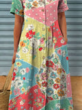 Women’s Vintage Floral Art Print Linen Pocket Tunic Dress