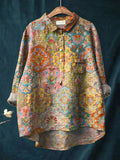 Vintage Ethnic Pattern Art Print Casual Cotton And Linen Shirt Multicolor / S