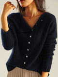 Women’s Retro Style Round Neck Single-Row Button Cashmere Knit Thin Cardigan Navy / S