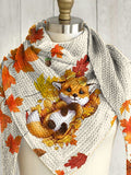 Autumn Winter Cute Fox Maple Leaves Print Triangle Knitted Scarf