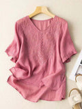 Women’s Cotton And Linen Short Sleeve Embroidery Blouse Pink / M