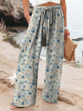 Vintage Blue Rose Repeat Pattern Printed Women’s Cotton And Linen Casual Pants Multicolor / S