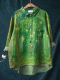 Vintage Lovely Rabbit Art Print Casual Cotton And Linen Shirt Green / S