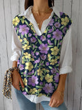 Retro Style Purple And Yellow Floral Pattern Printed Women’s Versatile Knitted Vest Multicolor /