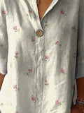 Petite Pink Spring Floral Pattern Printed Women’s Casual Cotton Linen Shirt