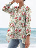 Vintage Style Romantic Rose Pattern Printed Women’s Casual Linen V-Neck Shirt Multicolor / S