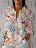 Women’s Colorful Watercolor Art Print Casual Linen V-Neck Shirt Multicolor / S