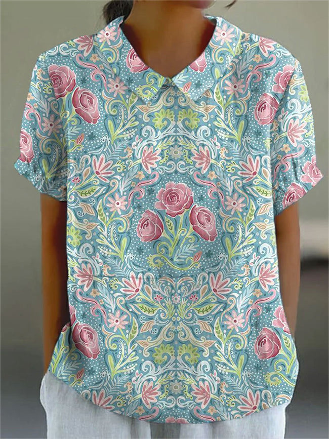 Women’s Vintage Roses Print Casual Cotton And Linen Shirt Multicolor / S