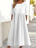 5-Quarter Sleeve Casual Loose Solid Color Cotton And Linen Dress White / S