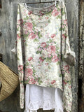 Women's Vintage Floral Art Print Casual Linen Cotton Pullover Top