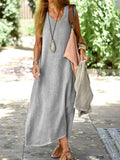 Summer Cotton And Linen Solid Colour Long Dress Grey / S