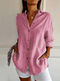 Women’s Single-Row Buttons Pleated Solid Color Shirt Pink / S