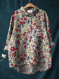 Women’s Retro Red And Blue Floral Print Casual Cotton And Linen Shirt Multicolor / S