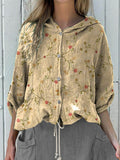 Women’s Vintage Floral Art Print Hooded Drawstring Linen Casual Blouse Multicolor / S