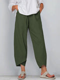 Women’s Solid Color Loose Elegant Casual Simple Cotton And Linen Ninth Pants Dark Green / S