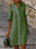 Women’s Spring Summer Mid-Sleeve Button Down Cotton And Linen Dress Green / S