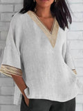 Women’s Summer V-Neck Cotton And Linen Solid Color Blouse White / S