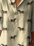 Horse Repeat Pattern Printed Women’s Casual Cotton Linen Shirt