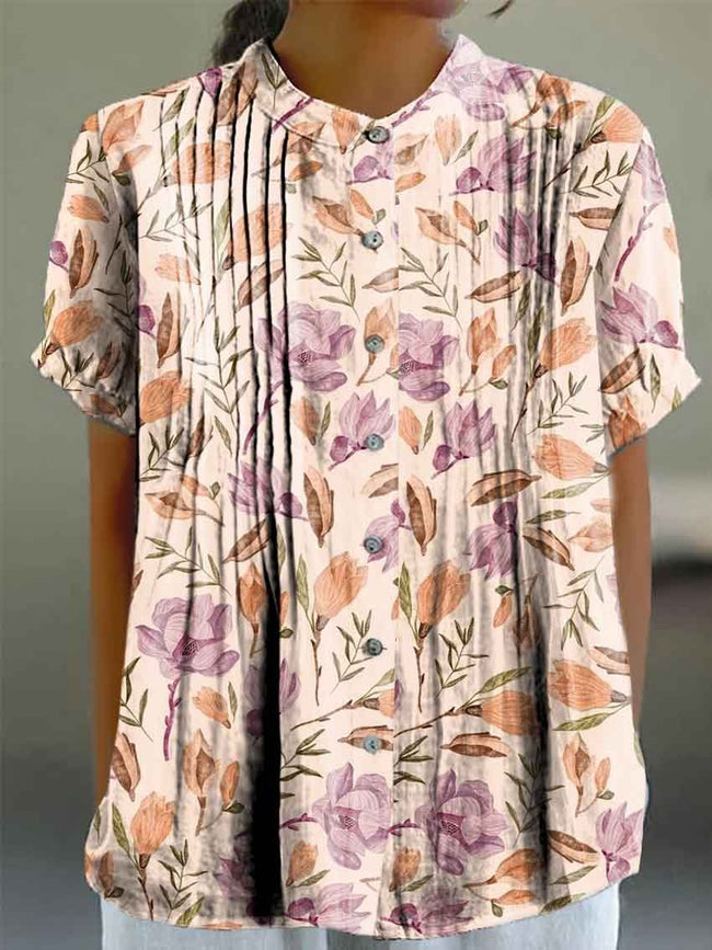 Women’s Purple-Orange Floral Print Casual Cotton And Linen Shirt Multicolor / S