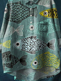 Vintage Lovely Fish Art Print Casual Cotton And Linen Shirt