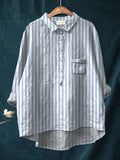 Women’s Stripe Print Casual Cotton And Linen Shirt Multicolor / S