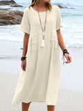 Women’s Solid Color Loose Elegant Casual Cotton And Linen Dress Beige / S